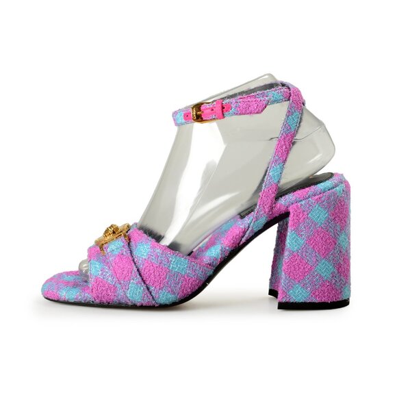 Versace Women's Lurex Check Medusa Logo Sandals Ankle Strap Shoes US 11 IT 41 - Picture 2 of 8